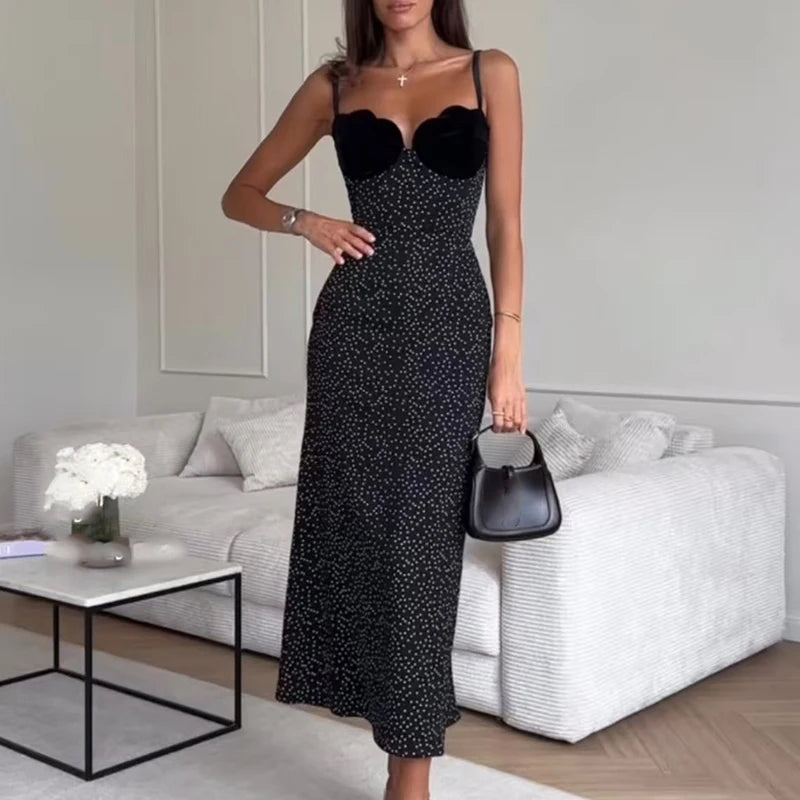 🍒Stippelrok, gedrukte lang elegante spaghettibandjies, vroue moulose uitrusting, partytjiegeleentheidsklere, maxi-mode. Raak Kollerig In Partytjiekolle