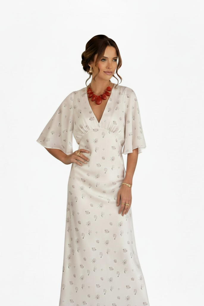 🍒Wit blomme satyn maxi rok vir vroue gemaklik of geleentheid trougas strandvakansie uitrusting blomme gedrukte V-nek rok vroue mode skraal pasmiddellyf kort vlindermou lang somerdrag met kort moue hoë middellyf oulike gemaklike geleentheid