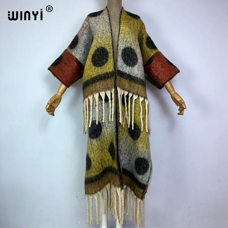 🍒winter coat for women fashion print long outdoor cardigan with tassels luxury knitted overcoat thick europe warm long knit jacket cardigan Hot Spot