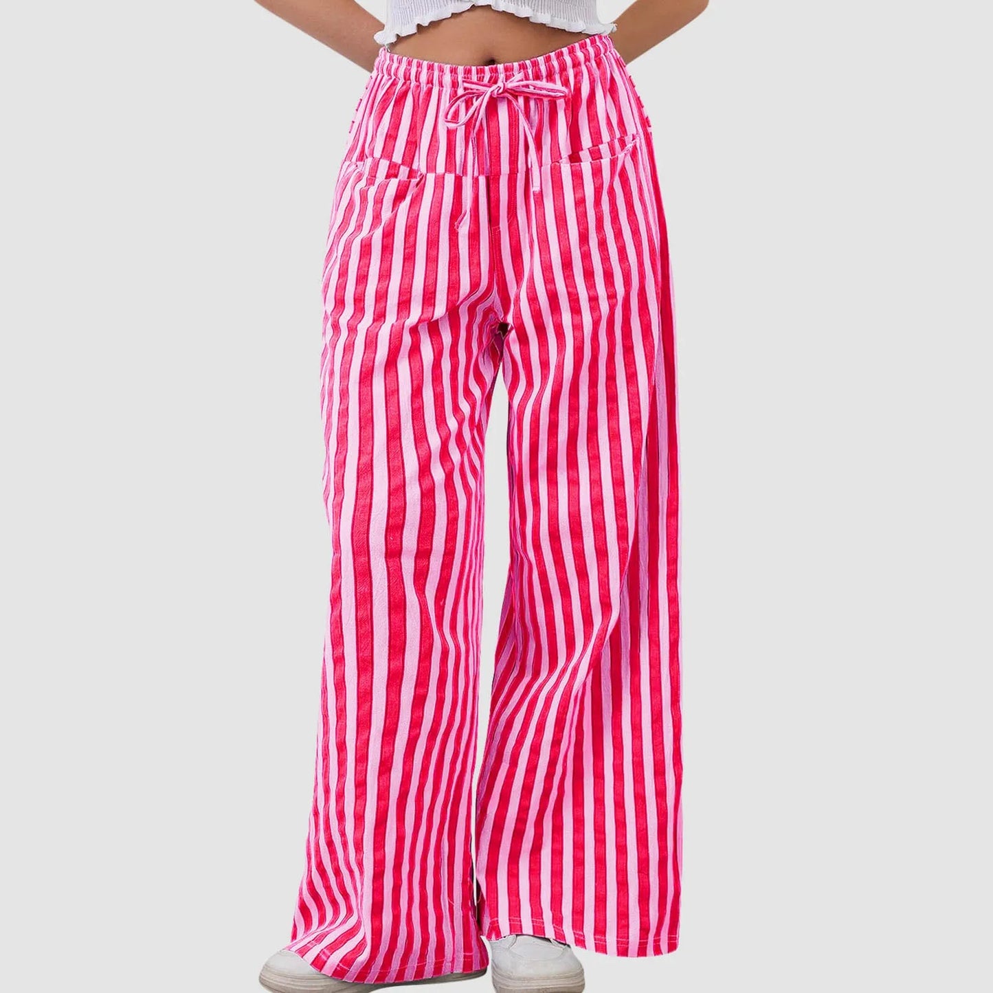 🍒Gestreepte wye been broek hoë middellyf elastiese broek trekkoord wye been broek sakkerige onderdele vroue gemaklike hoëstraat klere met sak Kry 'n lospassende voorkoms in gestreepte los broeke