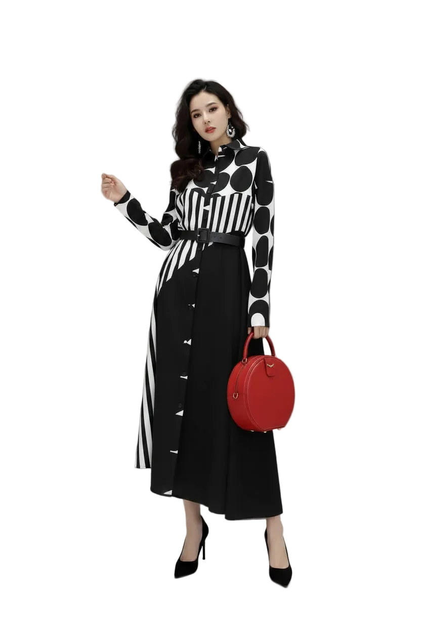 🍒Long sleeve loose fit shirt dress plus size woman black outfit with Dots striped fashion printed large smart casual dresses Spot The Stripes