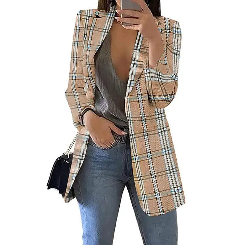 🍒Womans plaid blazer spring autumn long sleeve light coat with lapel plus size jacket office wear Slim female casual clothes Profesh’ Playful Plaids