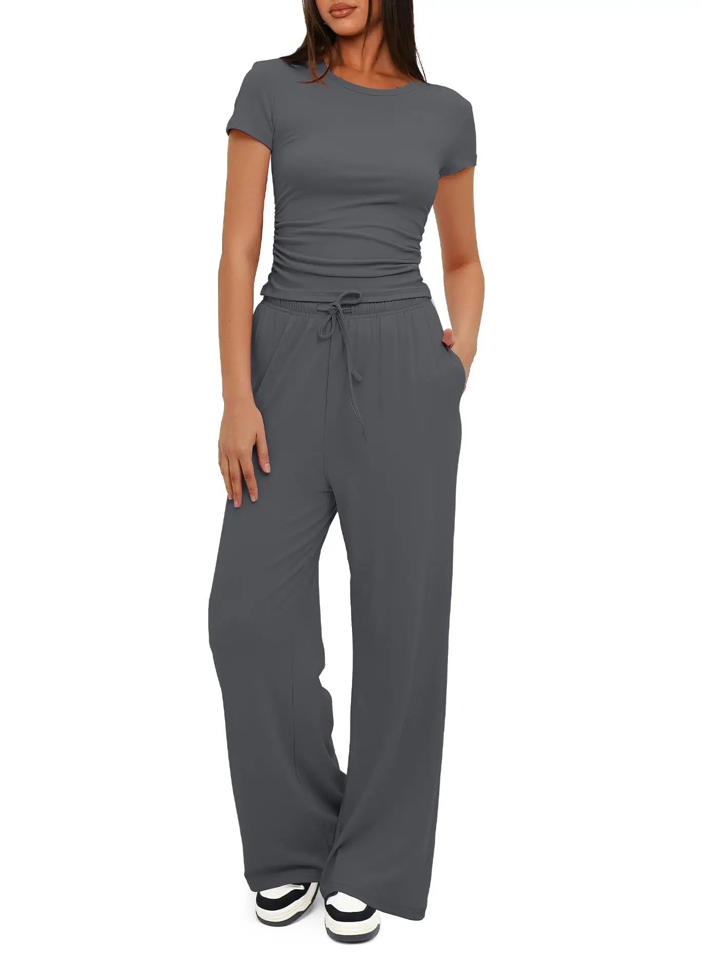 🍒Womens two-piece outfit set fashion pleated short sleeved top casual wear clothing and matching comfort long high waisted wide leg pants sportswear Sport your style in Slimline