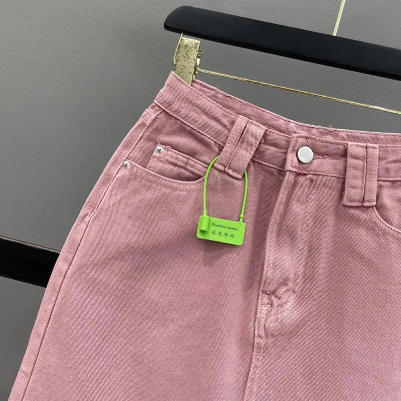 🍒High-waisted denim skirt pink colour a-line fashion skirt with back split midi fashion womens casual clothing denim wear Pink Shade Of Blue Who Knew