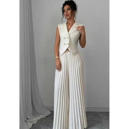 🍒Damesbaadjie-uitrustings: kortlyfbaadjie plus broek tweedelige stel formele lente somer mode retro wye-pyp geplooide broek en skraal moulose kortlyfbaadjie vir geleenthede slim gemaklik Belê in 'n baadjie-stel