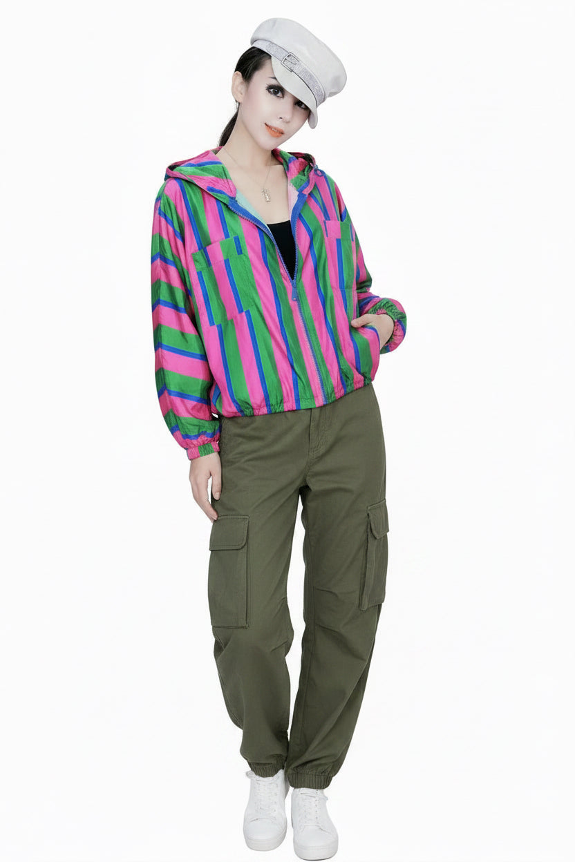 🍒Hooded windbreaker Jacket women streetwear long sleeves spring top quick drying Y2k striped clothing fashion casual bomber women Swipe Regs Na Hierdie Regte Streep
