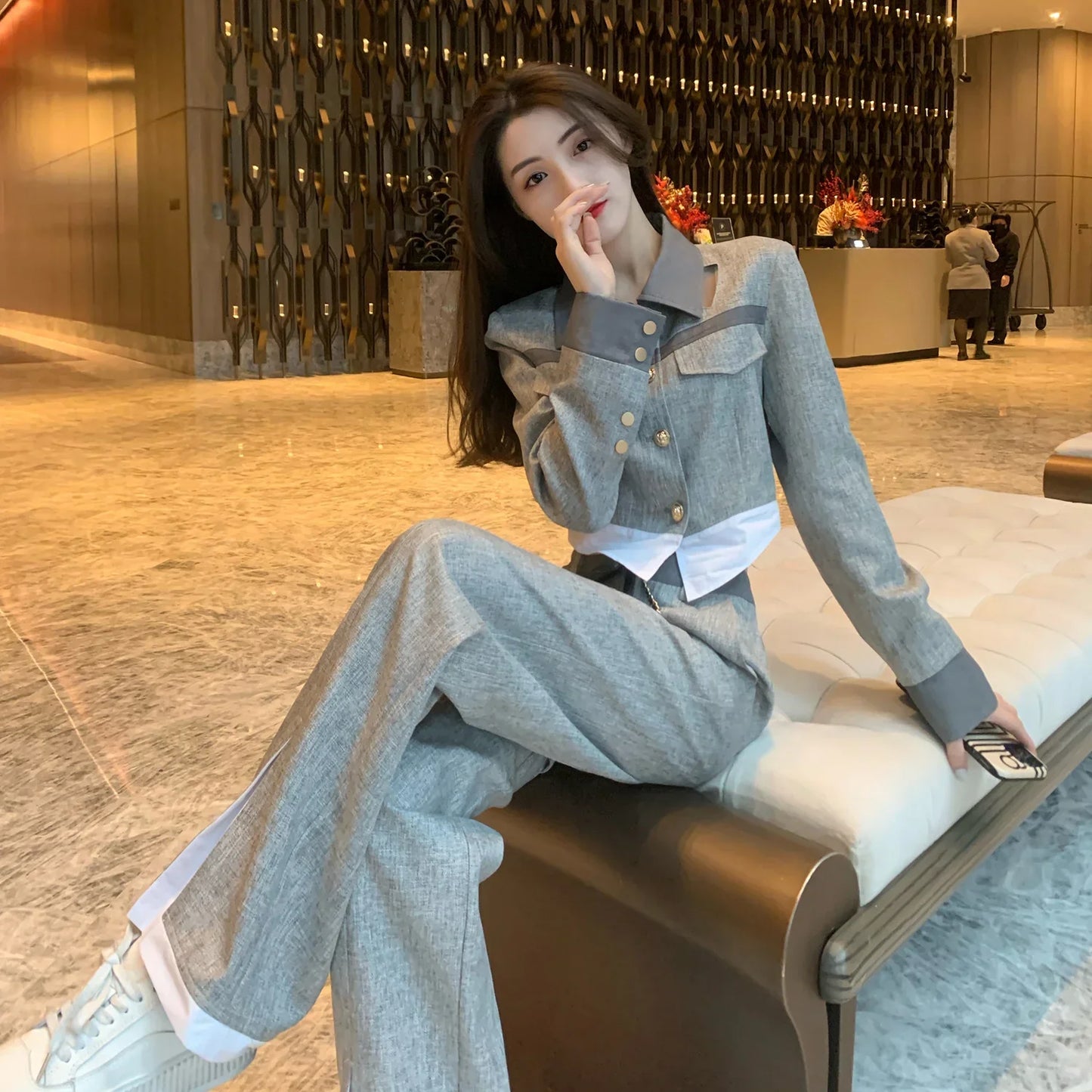🍒女士通勤裤装和上衣两件套 商务休闲套装 春秋装 万能西装 灰色