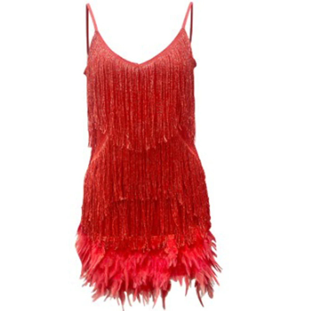 🍒Gefranjerde mini-rok met oop rug, kort spaghettibandjies met vere vir vroue, glinsterende trougaste-uitrusting, V-nek-partytjieklere vir geleenthede. Voel LIGTER met VERE