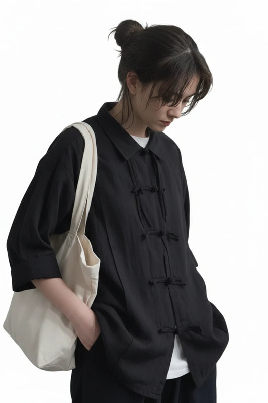 🍒女士夏季风格衬衫 纯色 Y2k 时尚宽松衬衫 女式单排扣智能休闲服装 蝴蝶结系带 潮流