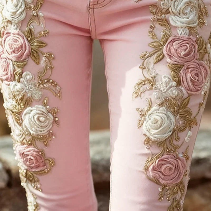 🍒Roosblom-toepassing Jeans, oesjaarbroek, elegante romantiese vroue-pienk hoëmiddelbroek, slim sjiek blommebroek