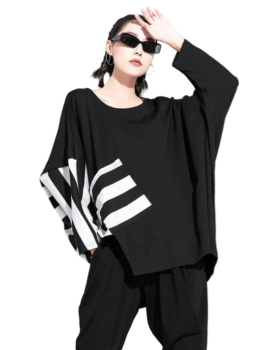 🍒Black and white striped t-shirts Womens baggy black tee with design Irregular big size casual top round neck long Sleeve Fashion wear for spring autumn Get Black To Stripes