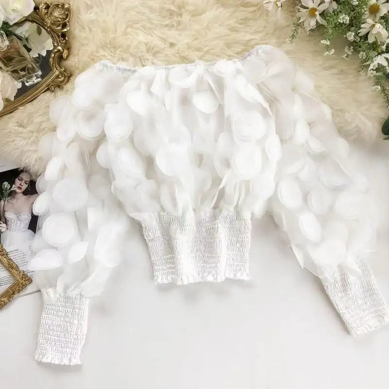 🍒Modern floral tops for women occasion shirred hem t-shirt design mesh patch long sleeve off the shoulder gigot Sleeve bouse Y2k asthetic Hot Spot