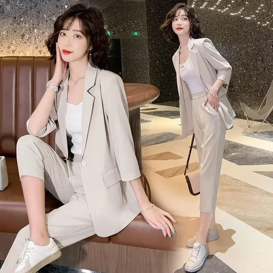 🍒 女式两件套西装外套和长裤套装 七分裤配翻领夹克 办公室通勤装 派对场合装扮 “冰淇淋”造型 清凉时尚