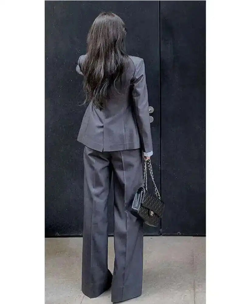 🍒Pak vir vroue hoë kwaliteit Professionele grys pakbaadjie en Wyebeenbroek twee-stuk slim stel modeklere