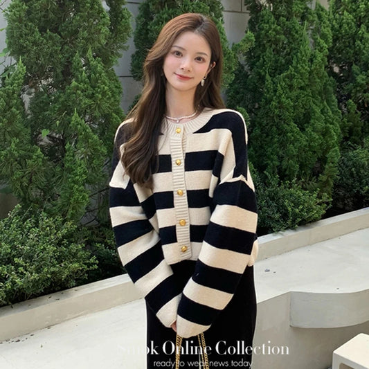 🍒 条纹女式开衫 Y2K美学甜美针织外套复古长袖毛衣 春秋款宽松休闲短款上衣 樱桃奶油条纹悦目