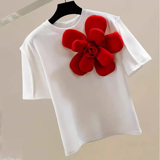 🍒 3D花朵T恤圆领白色T恤Y2k短袖夏季宽松上衣女甜美时尚服装大花T恤