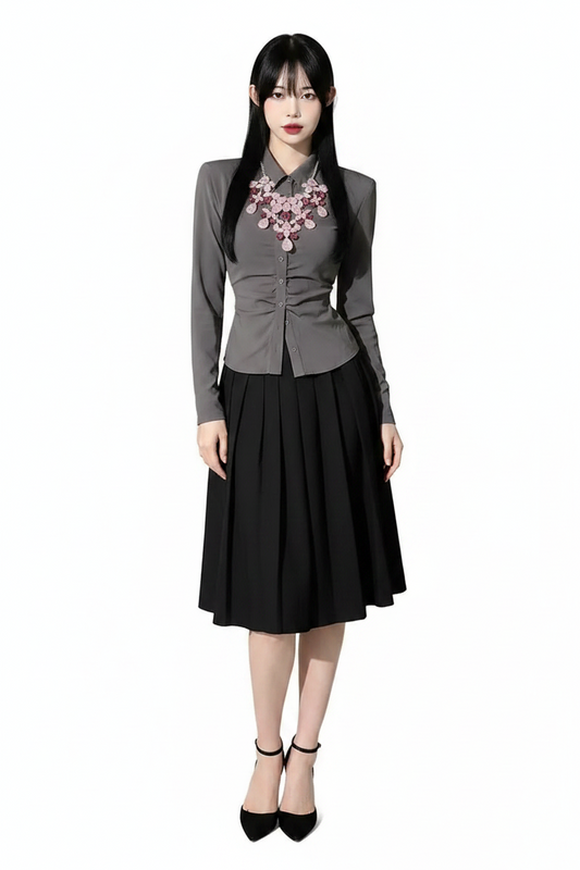 🍒纽扣女式衬衫上衣长袖女式衬衫条纹短款衬衫美学优雅社交时尚服装