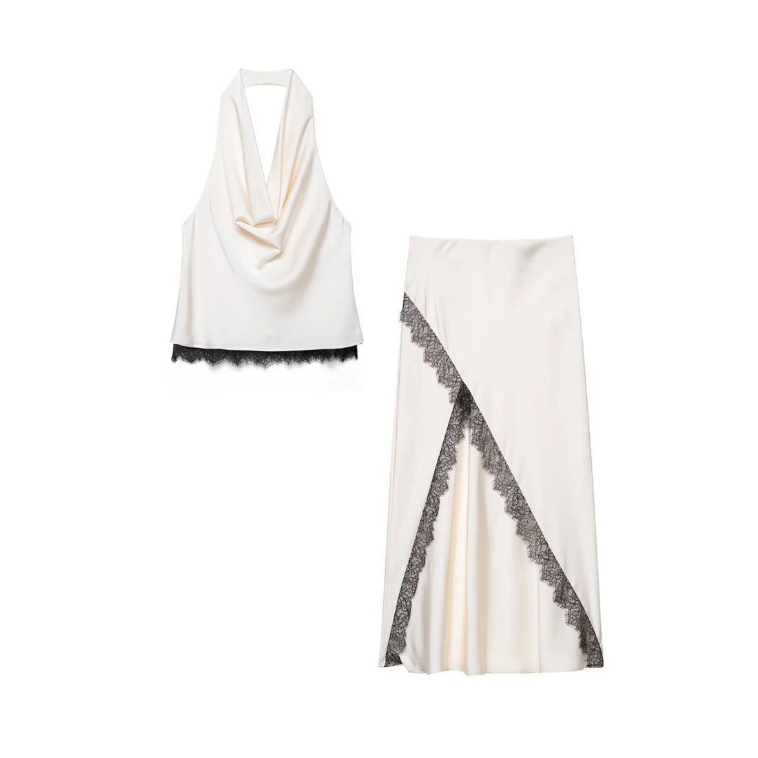 🍒Satin halter top white and long matching maxi skirt set women's lace trim outfit with high waisted skirt and camisole top for summer fashion wear This Satin Is Laced With 'Ace'