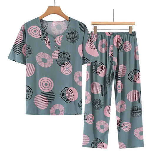 🍒Katoen-rayon slaapklere stel kortmou top verkort en broek stel tweestuk slaapklere vir vroue, dragpak, vakansieklere, stranddrag, Geen Sorgdrag