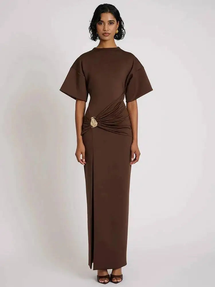 🍒Kortmou maxi-rok met rouches, bruin vroue-uitrusting met syspleet-geleentheidsrok met gordel, metaal mode o-nek klubpartytjie drag geleentheid wit lang rokke Verf Die Dorp Rooi In Bruin