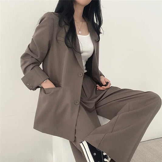 🍒纯色女士西装套装时尚宽松休闲两件套女士办公室套装长袖口袋夹克正装草莓巧克力……西装很适合你