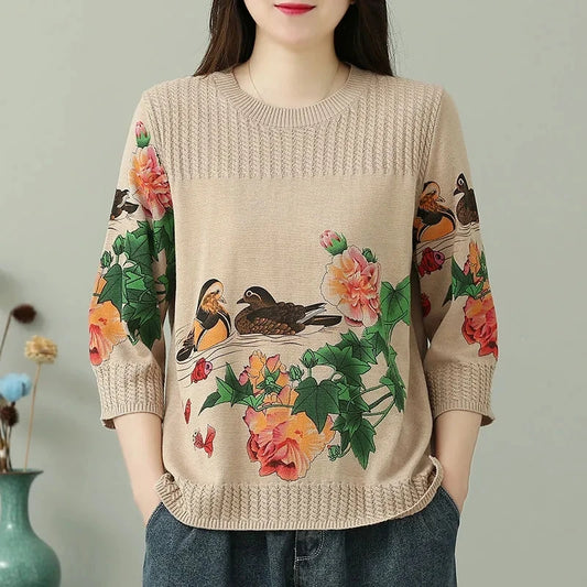 🍒Vintage print pullover loose And versatile knitted sweater women womens spring and summer tops 3/4 sleeve cotton autumn clothing Jump-er On The Flower Tree Top
