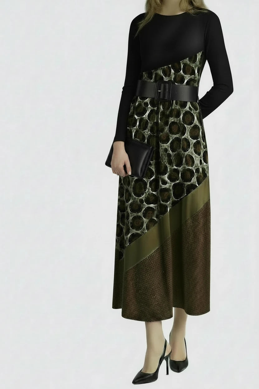 🍒Plus-grootte elegante rok glinstering en luiperddruk V-nek rok rek skraal A-lyn uitrusting met lang moue informele klere vir vroue mode maxi uitrusting Loop met selfvertroue Moet nooit 'n dier vermy nie