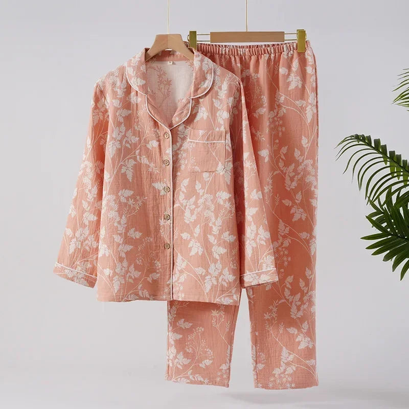 🍒Pyjamastel 100% Katoen vroue se twee-stuk nagklere jacquard langmou top en rekbare langbroek los sitklere stel Kies Hierdie Blad