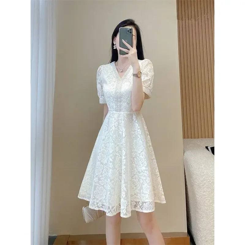 🍒Spesiale geleentheid rokke vir vroue, midi-rok in wit kleur kant, eenstuk elegant sjiek somermode plusgrootte klere