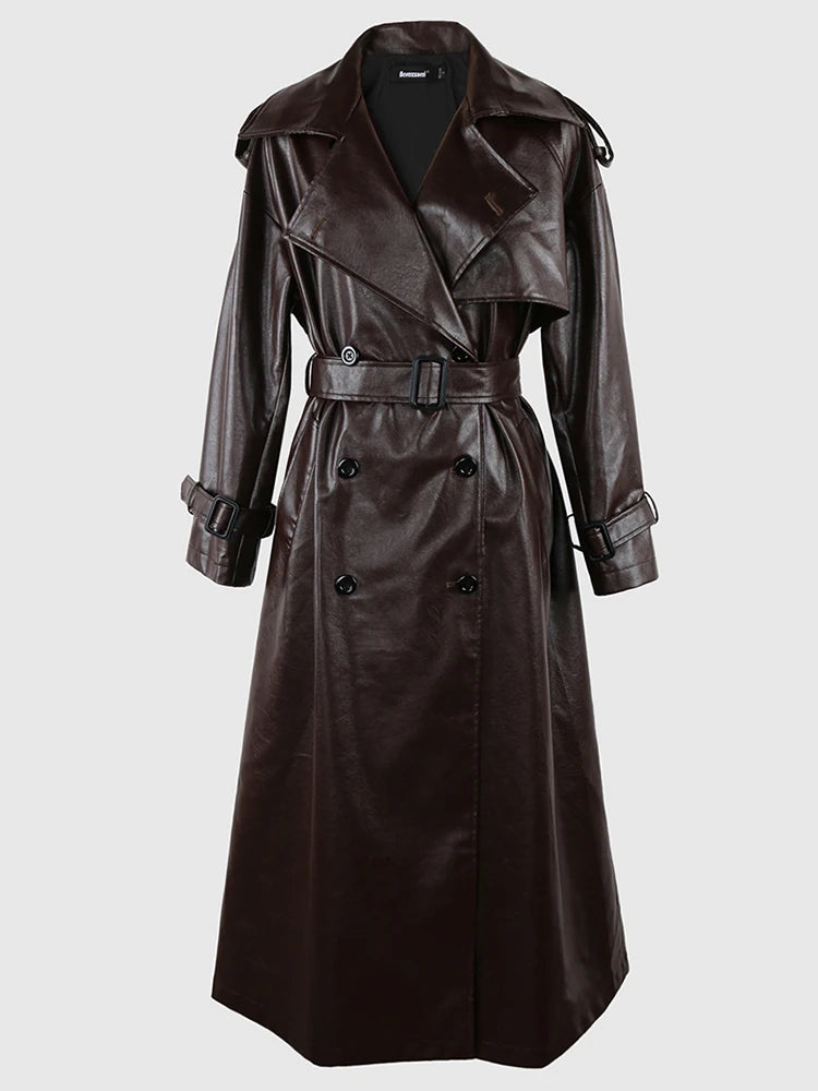 🍒 Lang oorgroot swart trenchcoat-kunsskaapleerbuitelaerdrag vir vroue dubbelbors-oorjas met gordel los slim-gemaklike buiteklere