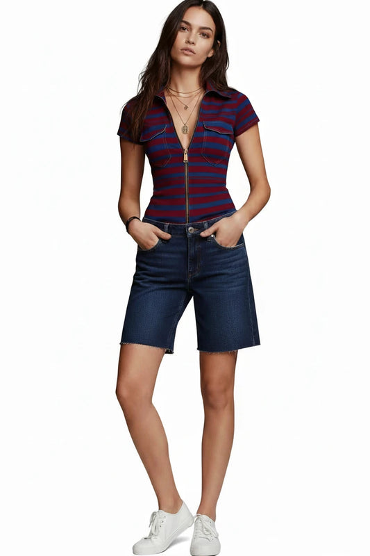 🍒Striped top short sleeve cropped smooth-print design, fashion faux denim printed short-sleeve shirt with real pockets for women casual shirts Snatch A Stripe Shirt
