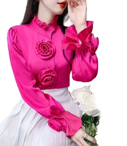 🍒Hot pink shirt high neck women flare cuff long sleeve classic fashion 3D flower blouse design feminine Clothing occasion party wear fashion Look HOT And ROSEy In PINK
