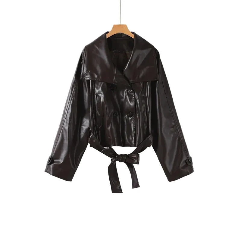 🍒faux leather women coat with lapel long Y2K solid belt and pocket long sleeve pu trench fall winter outwear female Faux Fans Fast Forward