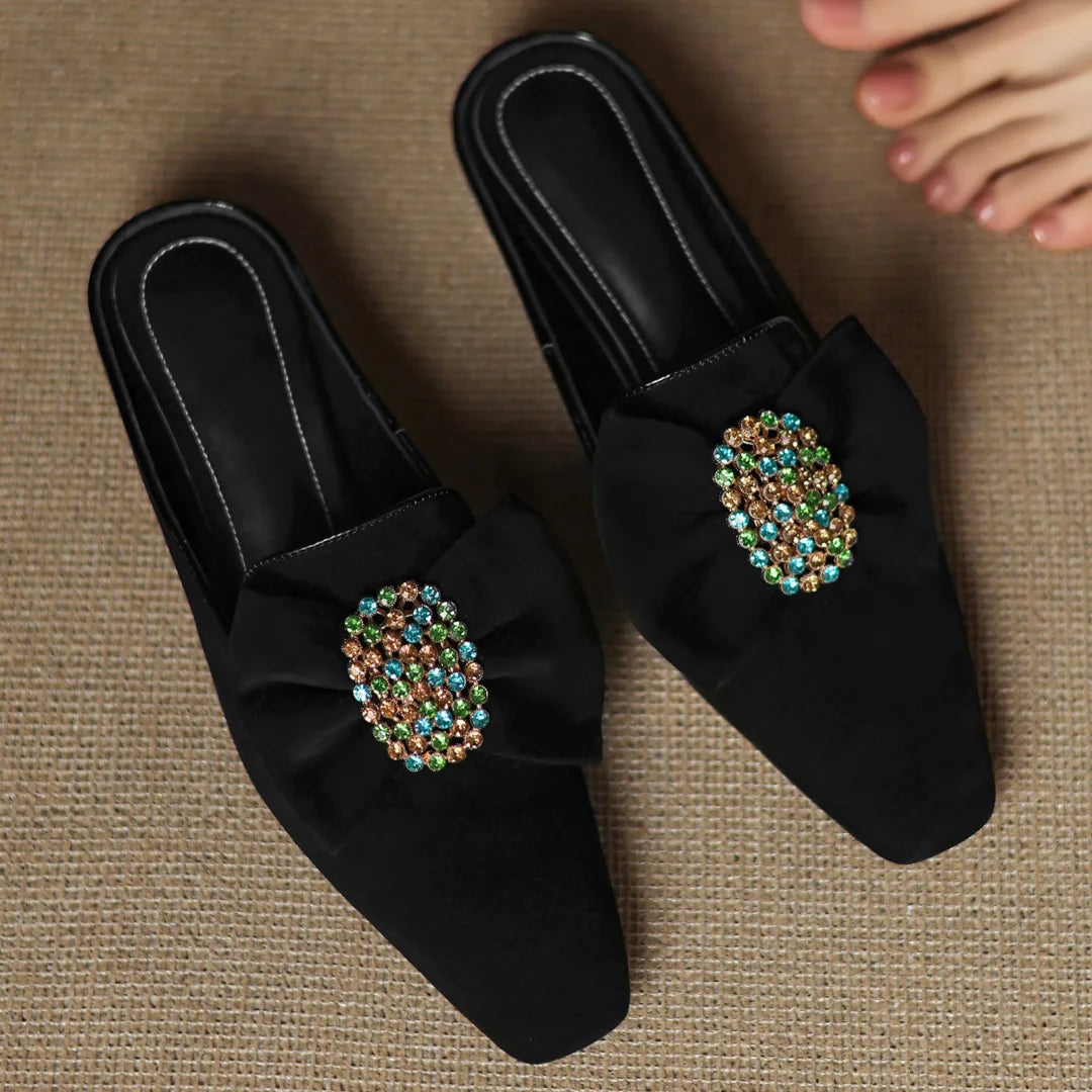 🍒Natural suede black flat mules with bow front slip on shoes for women leather square toe kitten heels flats summer footwear with crystal buckle flats 3cm kitten heel occasìon parry shoes Dont Slip On Slippers