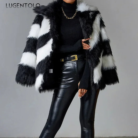 🍒Fluffy faux fur jacket autumn winter lapel coat female smart causal outerwear striped for women ocassion party overcoat Get On The A-List vibe With A Z-(eberdy)List