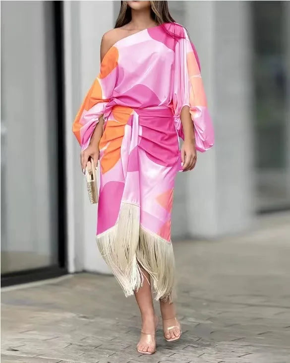 🍒Summer dress two piece set printed lantern sleeve top women with tassel hem and fitted a-line skirt smart casual wear party occasion outfit No Tossling With This Tassel