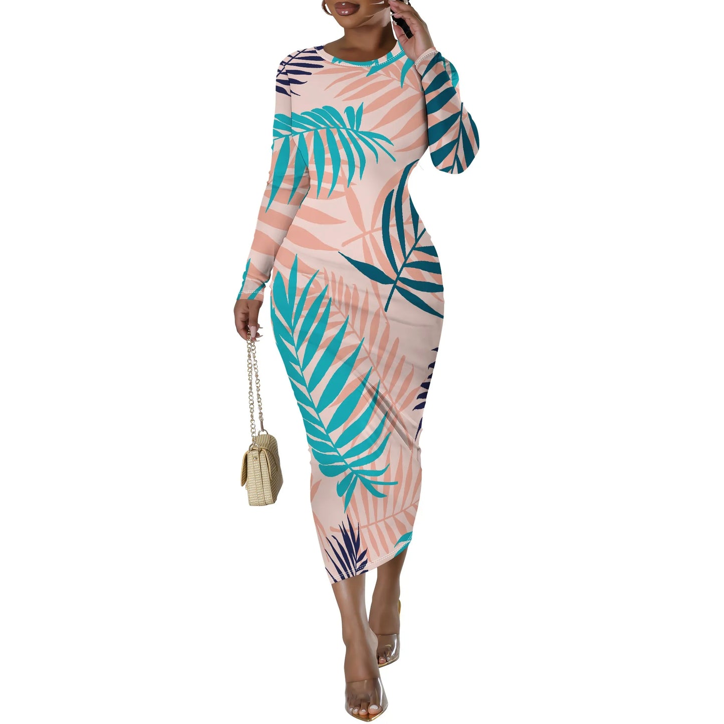🍒Blommetjiesrokke vir vroue met o-nek, langmou, mode-rekbare somerklere, noupassende bodycon midi slim gemaklik Jy Sal Nie Hierdie Rok Los Nie