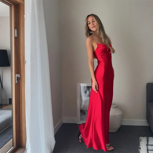 🍒Satyn-halternekrok maxi, spaghettibandjies, liefling-moulose rooi rok, ooprug, uitrusting vir aandpartytjie-drag, geleentheidsklere rooi Satyn Passie Mode