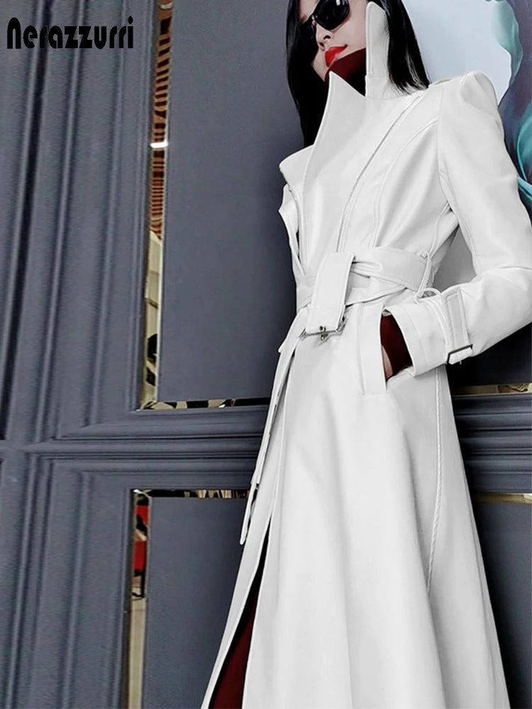 🍒Leer trench coat mode lang baadjies vroue langmou buiteklere ontwerper party dra jas Wit Uit Die Catwalk