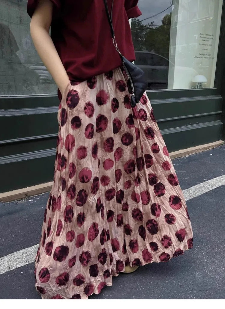 🍒Gevlekte maxiromp, hoë middellyf, vakansie stranddrag, damesmode, a-lyn, druk, tie-dye-styl, deftige gemaklike somerklere, Ruim Gevlekte Romp