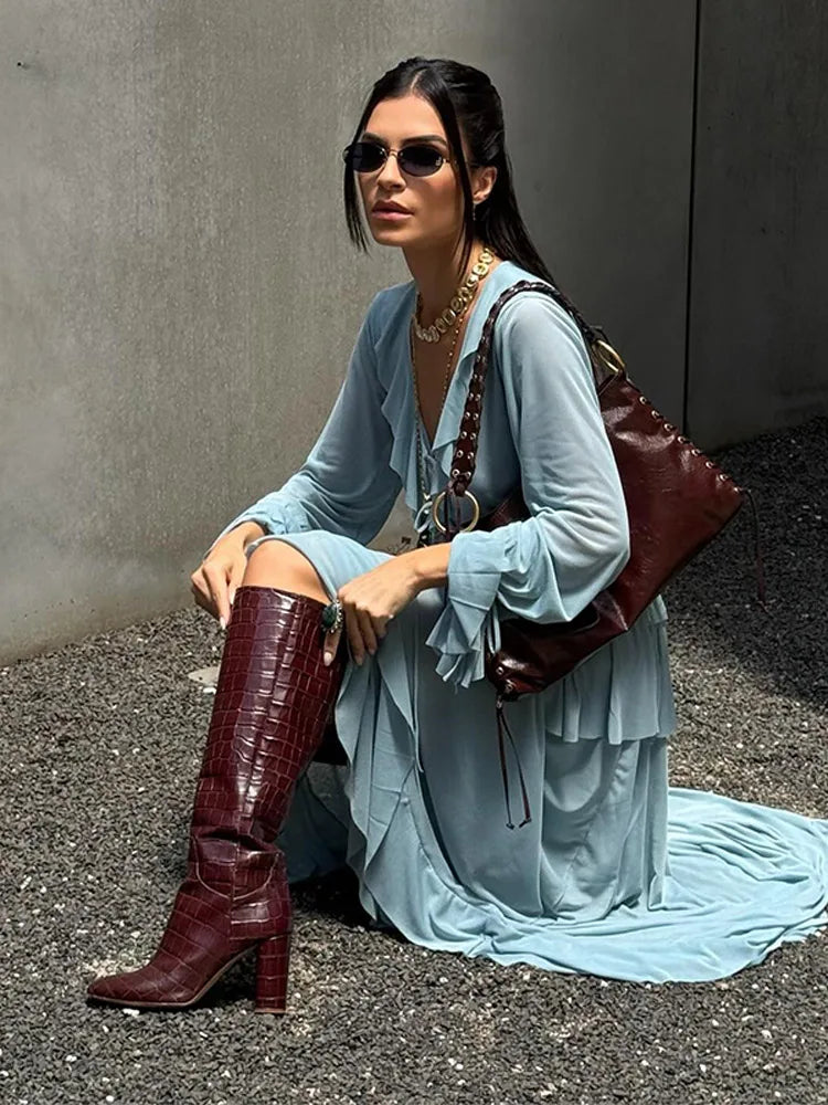 🍒Two piece set ruffled layered blouse shirt top for women plus long skirt flared sleeves lace up v-neck pleated satin shirt loose feminine fashion wear summer out fit occasion wear party wear Relaxed Ruffles Get A slinky Blue Hue To wear To That Do