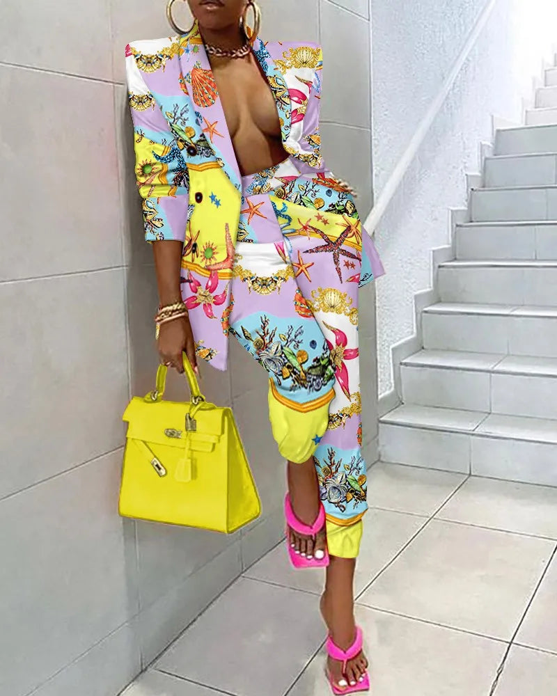 🍒Vroue se tie-dye pak veelkleurige gedrukte langmoubaadjie en tapse broekstel, lapel-baadjie, twee-stuk kantoordrag, slim informele klerasie, Multi-taak