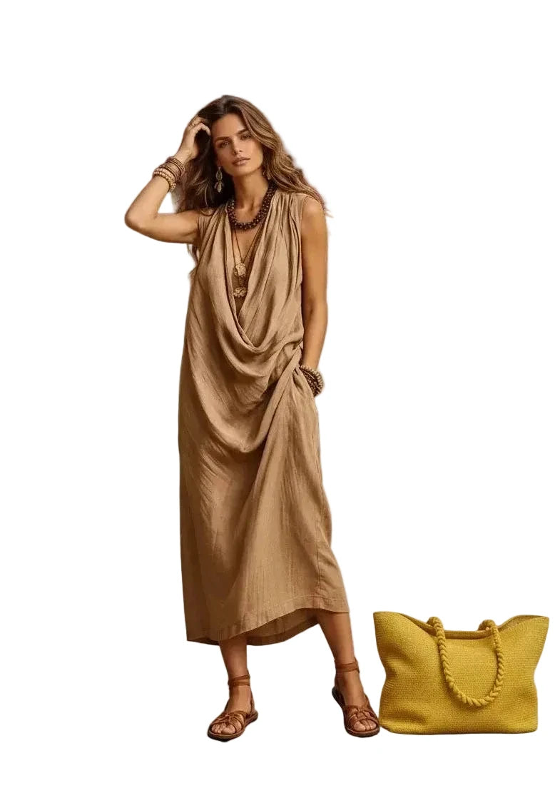 🍒A-line dress women v-neck outfits long draped neck summer wear sleeveless maxi outfit loose flowy casual fashion for holidays outfits vacation beach clothes Drapy Dream