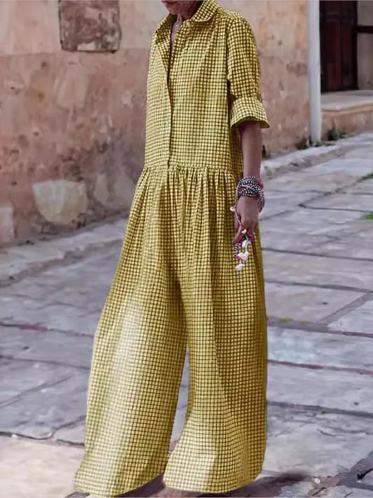 🍒Geruite jumpsuit vir vroue – gemaklike mode langmou wye pypbroek los vakansieklere