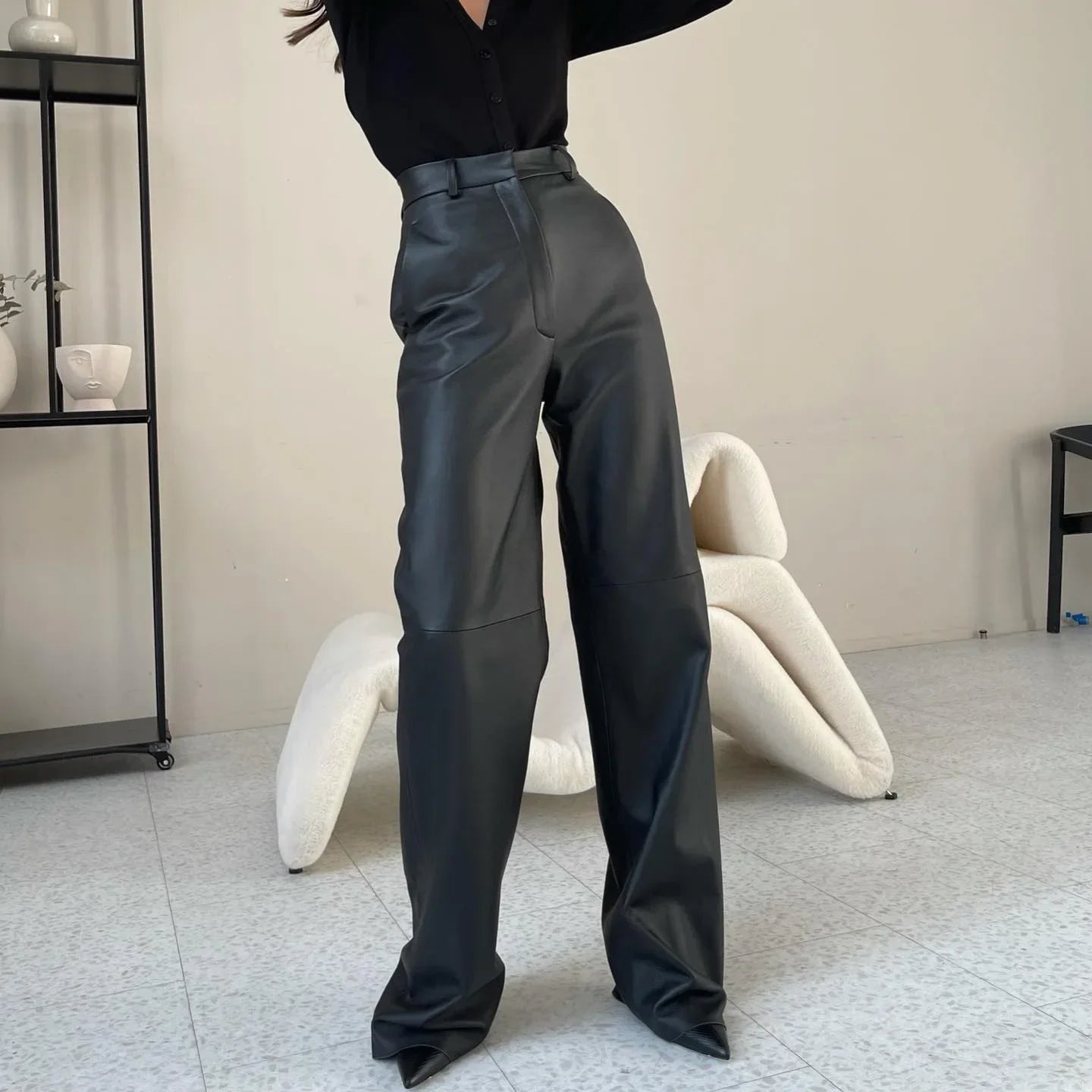 🍒Dames-PU-leertrousers met hoë middellyf, heupopheffing, modieuse reguitbeenbroek, slim gemaklike kledingstukke vir partytjies