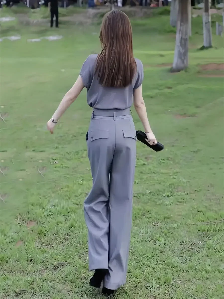 🍒Womans workwear set office professional wide leg pant and Top set matching Tailor style elegant smart casual clothing No Grey Day With This Grey Day