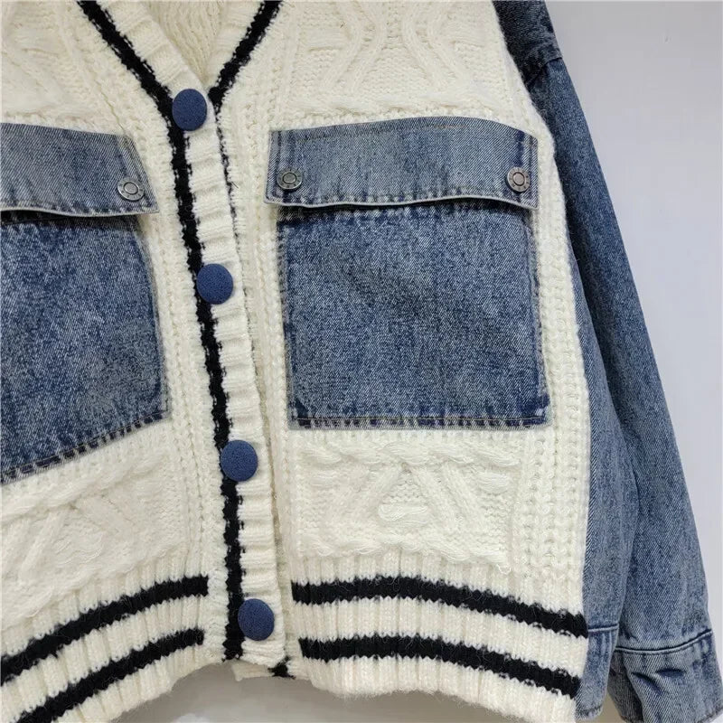 🍒Lapwerkgebreide-truibaadjie los V-nek langmou-trui vir dames lente/somer vroulike denimmodetrui met sakke Moenie Uitstel nie, Denim Lewer