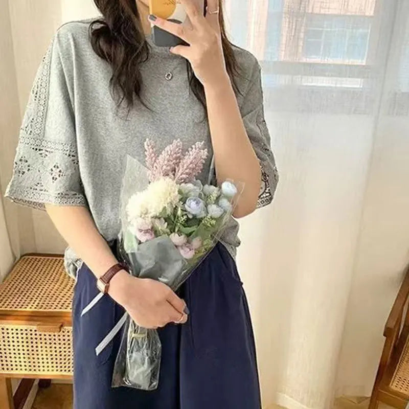 🍒Lace top women summer blouses short sleeve casual tees female tshirt solid color tunic oversized smart casual wear