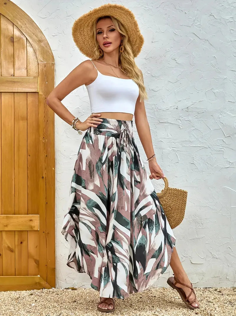 🍒Boho vintage romp a-lyn midi blommetjie-druk klere mode drag vir vroue somer drag Hoë middellyf Geplooide elastiese middellyf Lang Romp gemaklike vakansie drag Kry 'n Chiffon en Kry 'n Chevron
