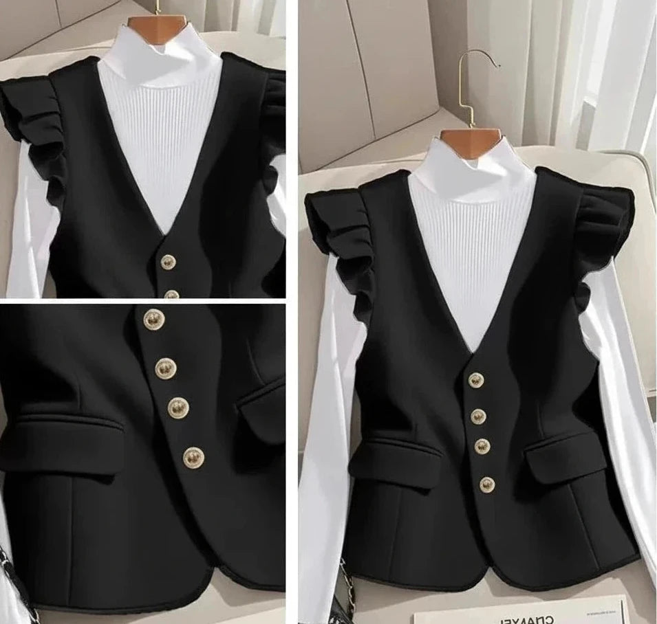 🍒Waist coat vest women black white female spring summer fashion female sleeveless jacket casual outerwear button down top You Will Be frilled With This